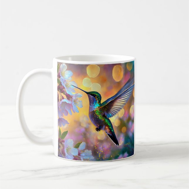Cherry Blossom Fantasy Hummingbird Coffee Mug (Left)