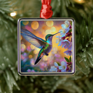 Cherry Blossom Fantasy Hummingbird Metal Ornament