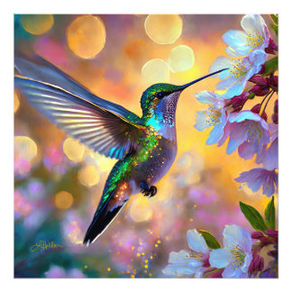 Cherry Blossom Fantasy Hummingbird Photo Print