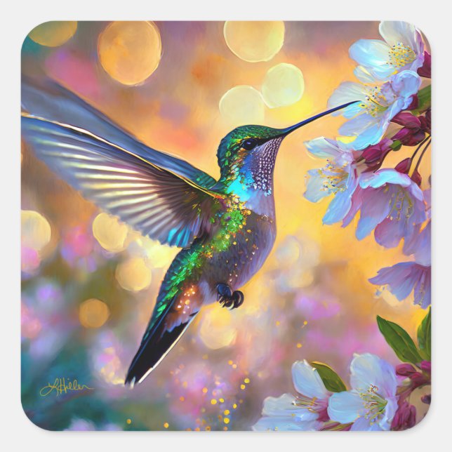 Cherry Blossom Fantasy Hummingbird Square Sticker (Front)