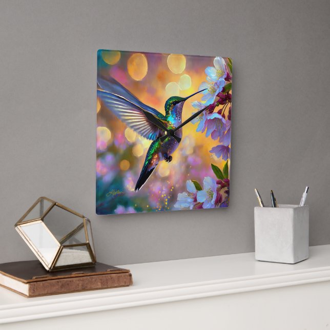 Cherry Blossom Fantasy Hummingbird Square Wall Clock (Office)