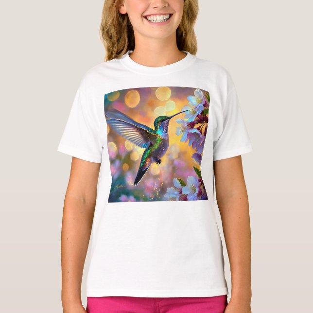 Cherry Blossom Fantasy Hummingbird T-Shirt (Front)