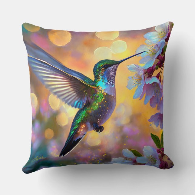 Cherry Blossom Fantasy Hummingbird Throw Pillow (Back)
