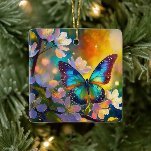 Cherry Blossom Fantasy Sunrise Butterfly Ceramic Ornament