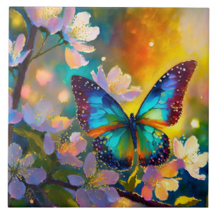 Cherry Blossom Fantasy Sunrise Butterfly Ceramic Tile
