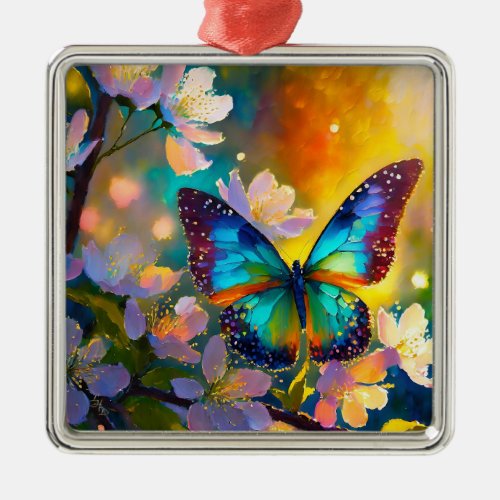 Cherry Blossom Fantasy Sunrise Butterfly Metal Ornament