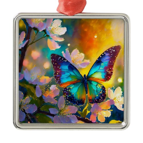 Cherry Blossom Fantasy Sunrise Butterfly Metal Ornament