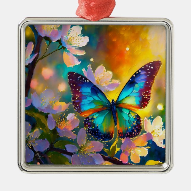 Cherry Blossom Fantasy Sunrise Butterfly Metal Ornament (Front)
