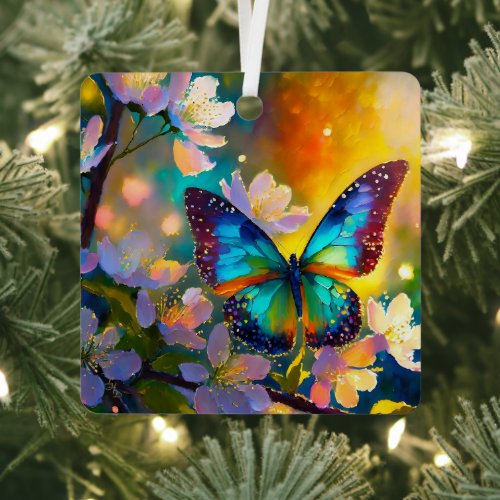 Cherry Blossom Fantasy Sunrise Butterfly Metal Ornament