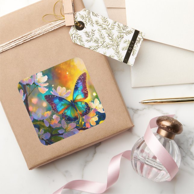 Cherry Blossom Fantasy Sunrise Butterfly Square Sticker (Gifting)