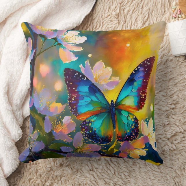 Cherry Blossom Fantasy Sunrise Butterfly Throw Pillow (Blanket)