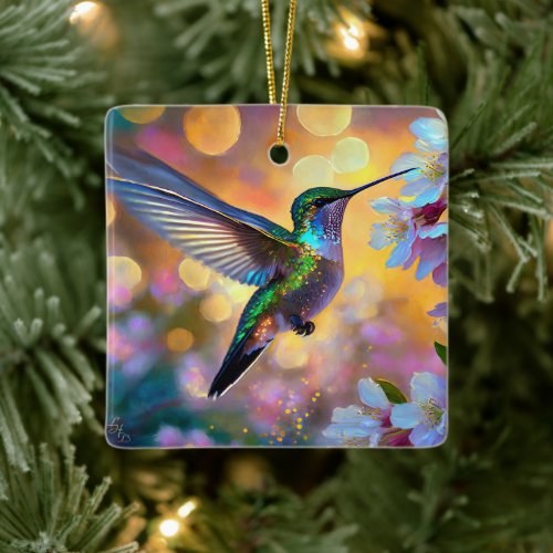 Cherry Blossom Fantasy Sunrise Hummingbird Ceramic Ornament