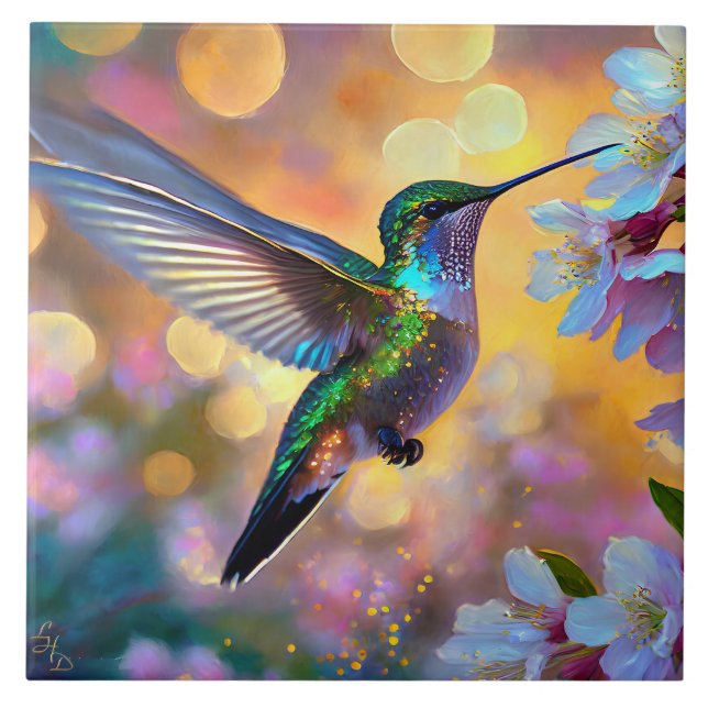 Cherry Blossom Fantasy Sunrise Hummingbird Ceramic Tile (Front)
