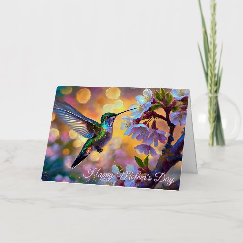 Cherry Blossom Fantasy Sunrise Hummingbird Foil Greeting Card