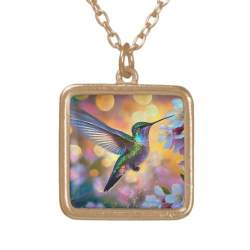 Cherry Blossom Fantasy Sunrise Hummingbird Gold Plated Necklace