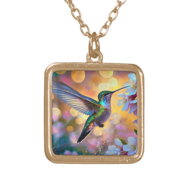 Cherry Blossom Fantasy Sunrise Hummingbird Gold Plated Necklace (Front)