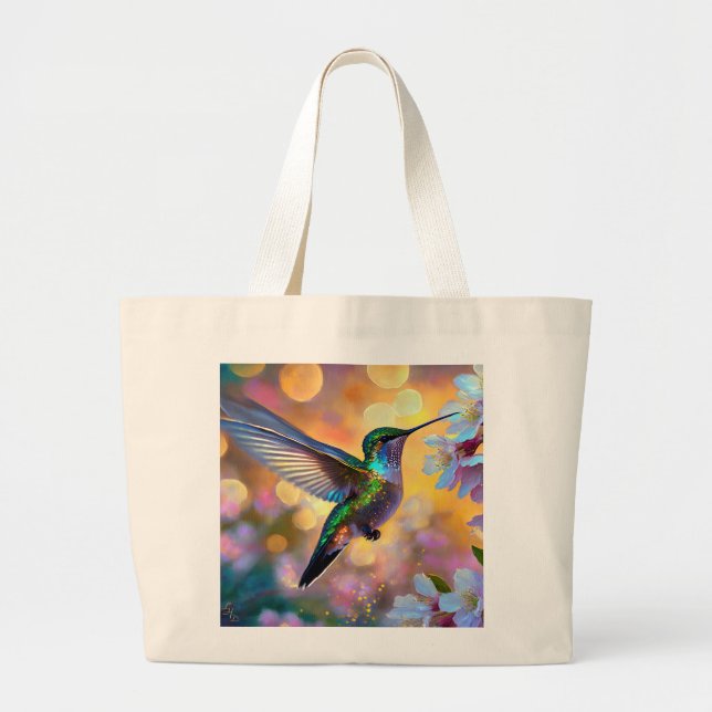 Cherry Blossom Fantasy Sunrise Hummingbird Large Tote Bag (Front)