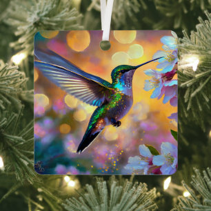 Cherry Blossom Fantasy Sunrise Hummingbird Metal Ornament