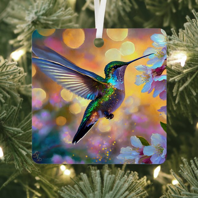 Cherry Blossom Fantasy Sunrise Hummingbird Metal Ornament (Insitu)