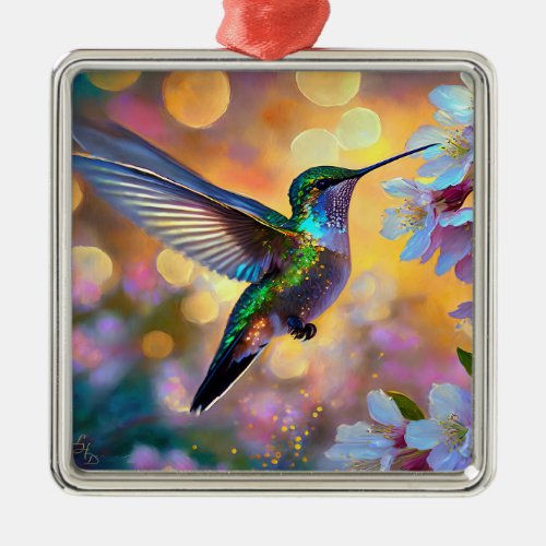 Cherry Blossom Fantasy Sunrise Hummingbird Metal Ornament