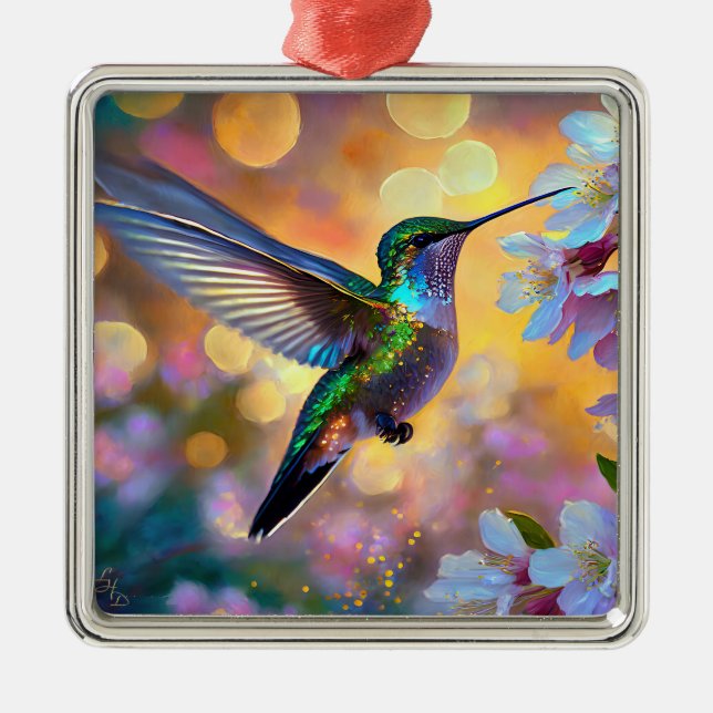 Cherry Blossom Fantasy Sunrise Hummingbird Metal Ornament (Front)