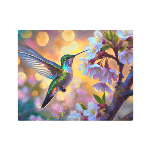 Cherry Blossom Fantasy Sunrise Hummingbird Metal Print