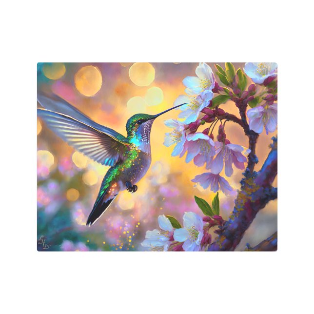 Cherry Blossom Fantasy Sunrise Hummingbird Metal Print (Front)