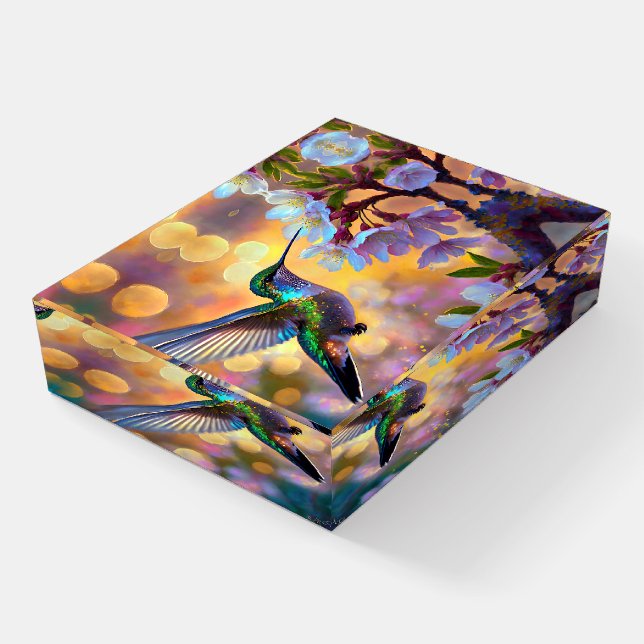 Cherry Blossom Fantasy Sunrise Hummingbird Paperweight (Angled)