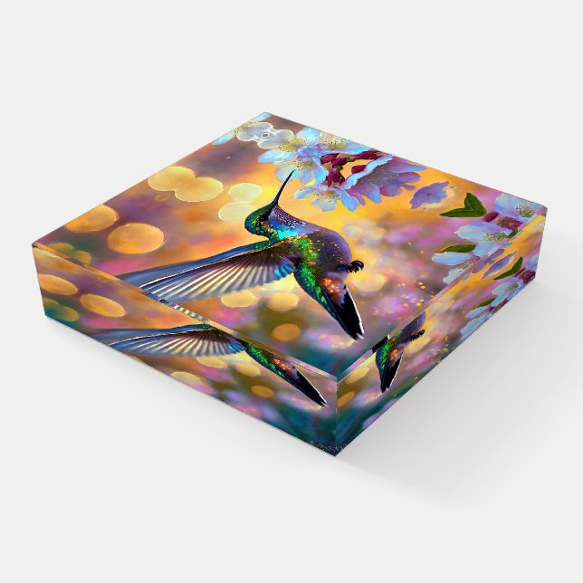Cherry Blossom Fantasy Sunrise Hummingbird Paperweight (Angled)