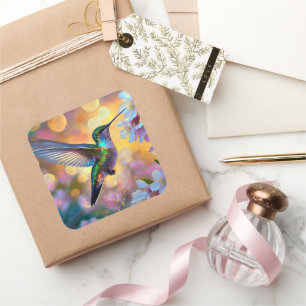Cherry Blossom Fantasy Sunrise Hummingbird Square Sticker