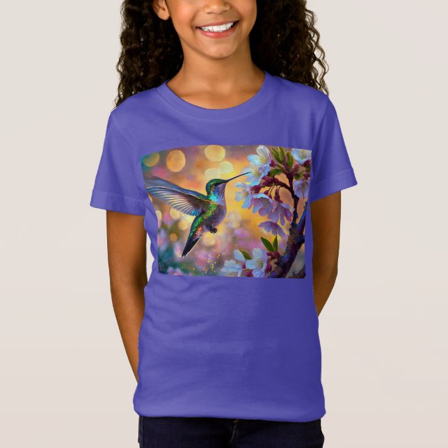 Cherry Blossom Fantasy Sunrise Hummingbird T-Shirt (Front)