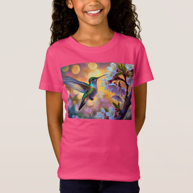 Cherry Blossom Fantasy Sunrise Hummingbird T-Shirt (Front)