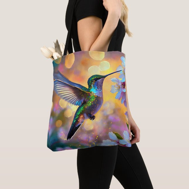 Cherry Blossom Fantasy Sunrise Hummingbird Tote Bag (Close Up)