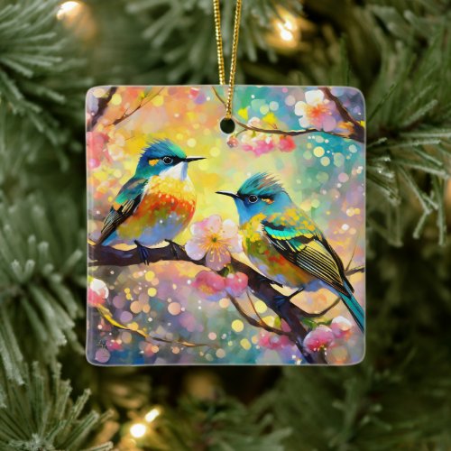 Cherry Blossom Fantasy Sunrise Songbirds Ceramic Ornament
