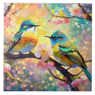 Cherry Blossom Fantasy Sunrise Songbirds Ceramic Tile