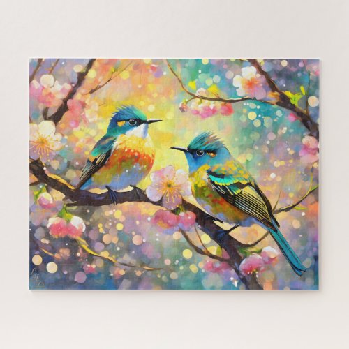 Cherry Blossom Fantasy Sunrise Songbirds Jigsaw Puzzle