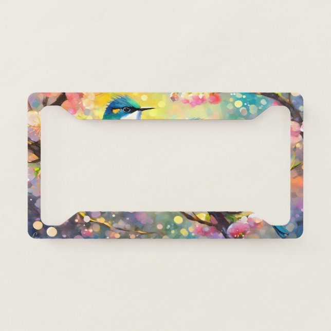 Cherry Blossom Fantasy Sunrise Songbirds License Plate Frame (Front)