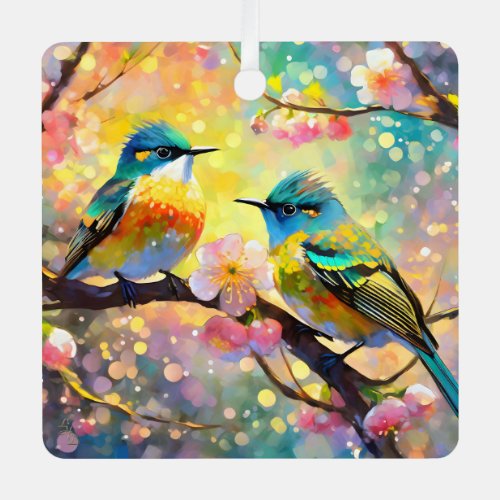 Cherry Blossom Fantasy Sunrise Songbirds Metal Ornament