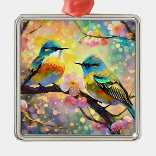 Cherry Blossom Fantasy Sunrise Songbirds Metal Ornament