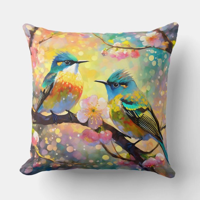 Cherry Blossom Fantasy Sunrise Songbirds Throw Pillow (Front)