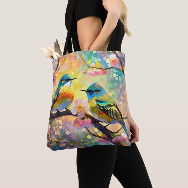 Cherry Blossom Fantasy Sunrise Songbirds Tote Bag (Close Up)