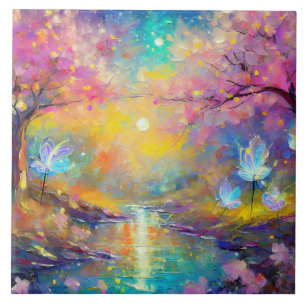 Cherry Blossom Fantasy Sunrise Stream Ceramic Tile