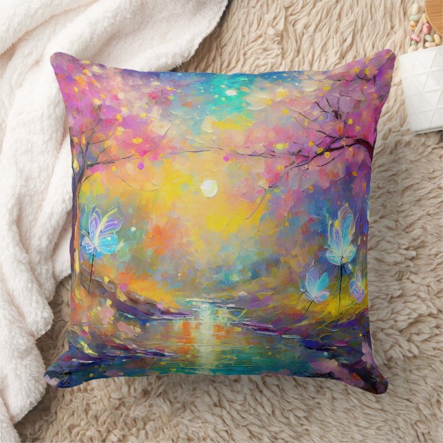 Cherry Blossom Fantasy Sunrise Stream Throw Pillow (Blanket)