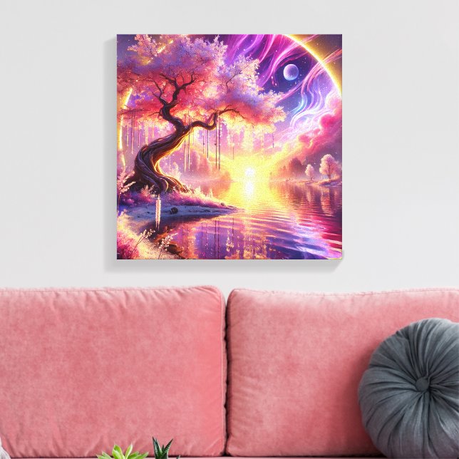 Cherry Blossom Fantasy: Tranquil Sunset Scene Canvas Print (Insitu(LivingRoom))