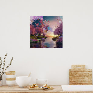 Cherry Blossom Fantasy: Tranquil Sunset Scene Poster