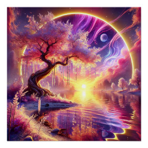 Cherry Blossom Fantasy: Tranquil Sunset Scene Poster