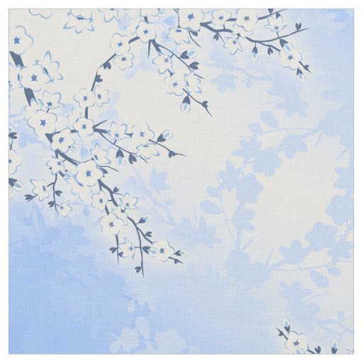 Cherry Blossom Floral Asia Blue White Fabric