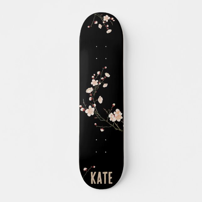 Cherry Blossom Floral Black Skateboard (Front)
