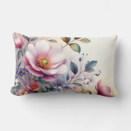 Cherry Blossom Floral Delight  in watercolor Lumbar Pillow