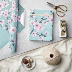 Cherry Blossom Floral Dusty Pink Aquamarine Wrapping Paper